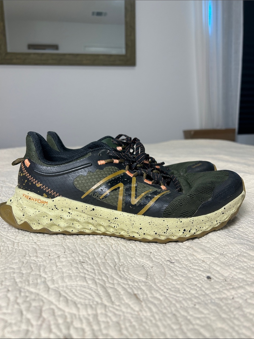 New Balance Olive Green & Cream Trail Runners with Gold Accents